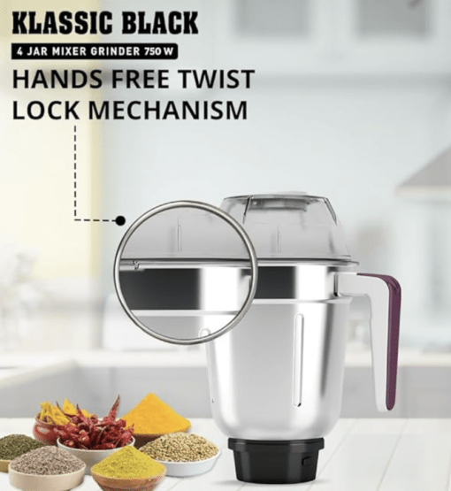 Havells Klassic 750 Watt 4 Jar Mixer Grinder, 21000 RPM Heavy Duty Universal Motor, 304 SS Blades, Large Size Break Resistant JarLids With Twist & Lock Mechanism- Black - Image 3